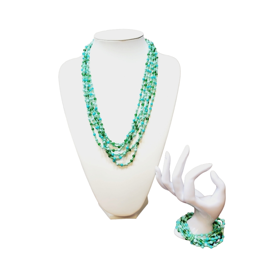 6 Strand Aqua Green Beaded Necklace &‎ Bracelet